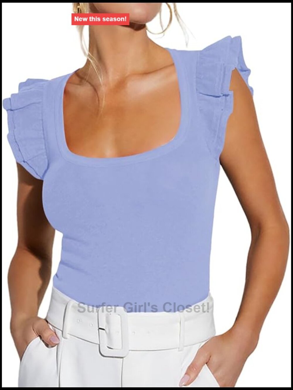 Women Sexy Square Neck Ruffle Sleeve Ribbed Fitted Tank Top Casual Summer